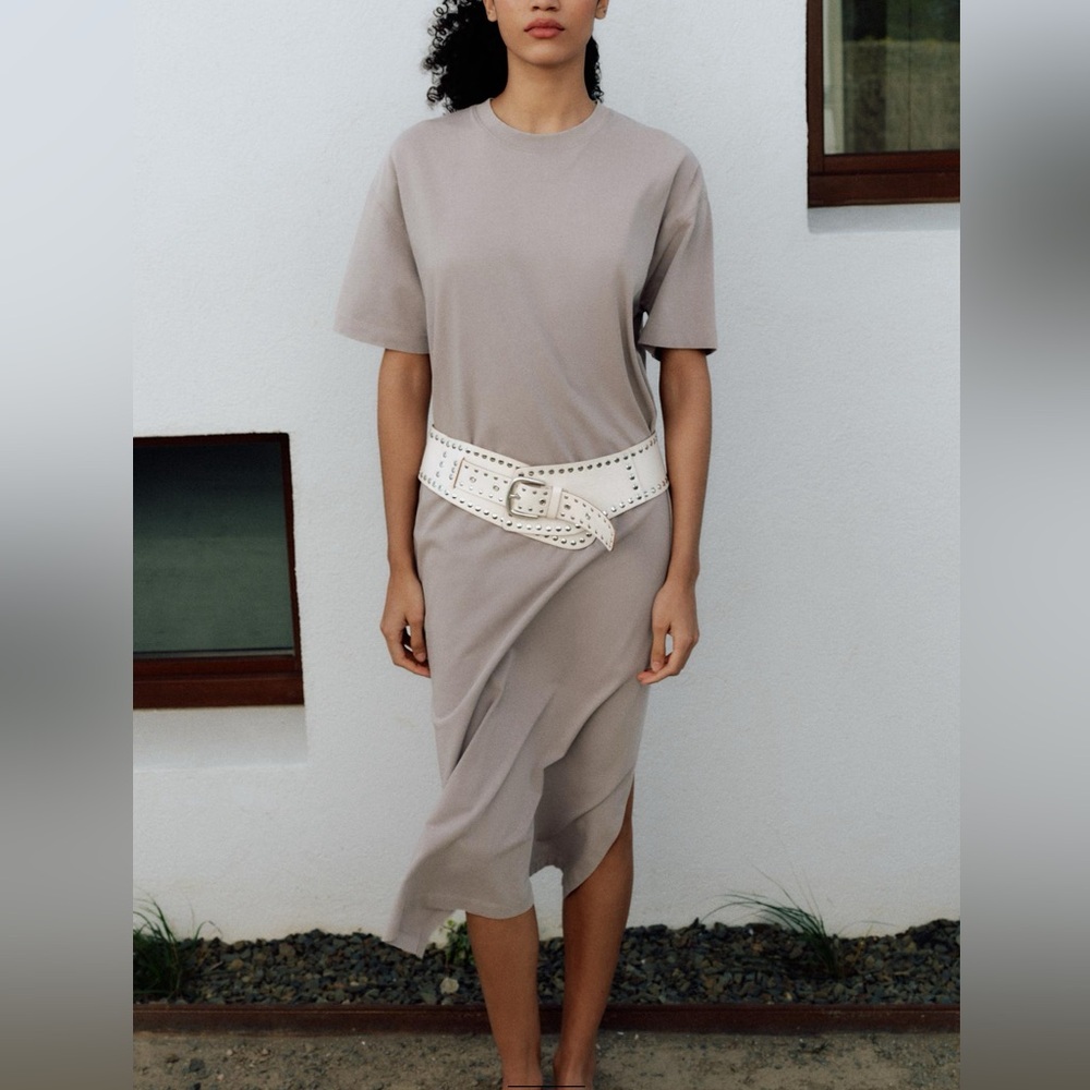 Zara Midi T-Shirt Dress XL Taupe Cotton Pocket Casual Minimalist
